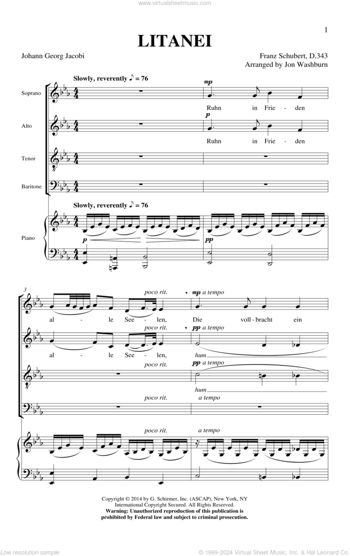 Litanei sheet music for choir (SATB: soprano, alto, tenor, bass) by Franz Schubert and Jon Washburn, intermediate skill level