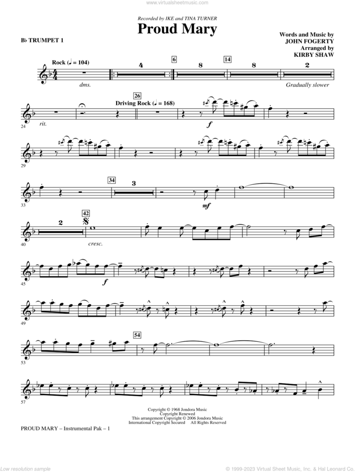 Proud Mary (arr. Kirby Shaw) sheet music for orchestra/band (Bb trumpet 1) by John Fogerty, Creedence Clearwater Revival, Ike & Tina Turner and Kirby Shaw, intermediate skill level