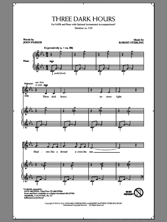 Three Dark Hours sheet music for choir (SATB: soprano, alto, tenor, bass) by Robert Sterling and John Parker, intermediate skill level