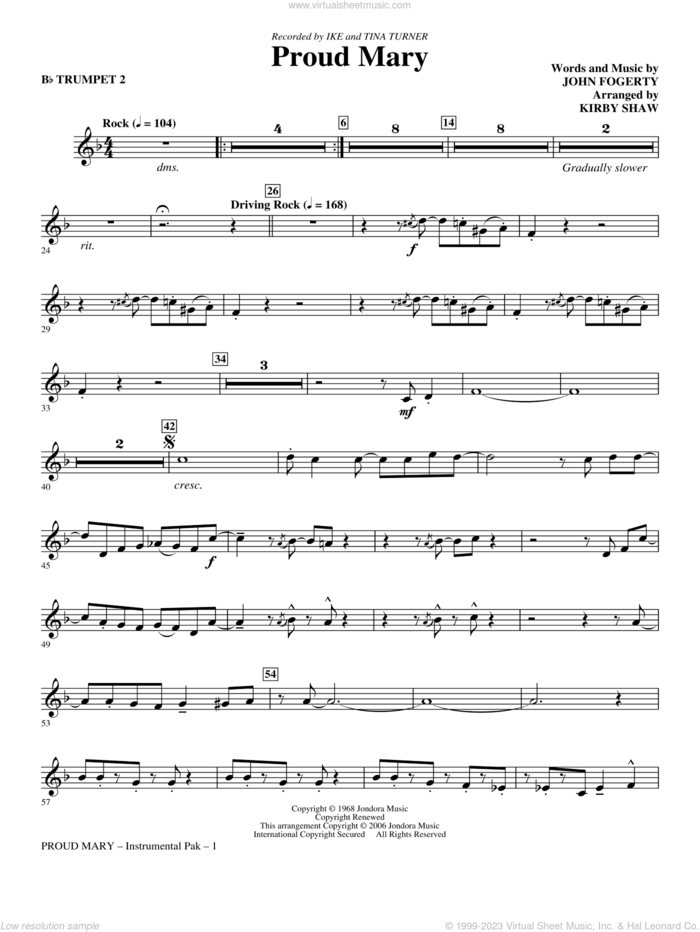 Proud Mary (arr. Kirby Shaw) sheet music for orchestra/band (Bb trumpet 2) by John Fogerty, Creedence Clearwater Revival, Ike & Tina Turner and Kirby Shaw, intermediate skill level
