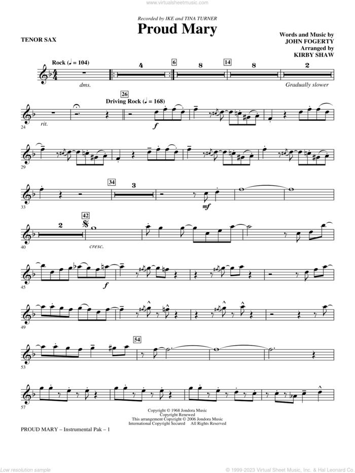 Proud Mary (arr. Kirby Shaw) sheet music for orchestra/band (tenor sax) by John Fogerty, Creedence Clearwater Revival, Ike & Tina Turner and Kirby Shaw, intermediate skill level