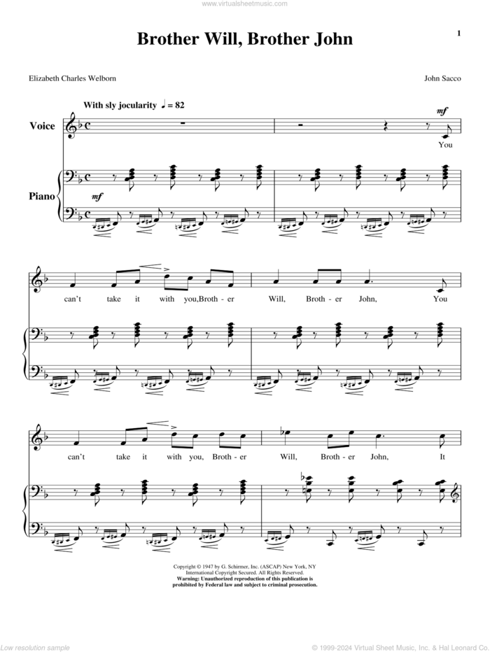 Brother Will, Brother John sheet music for voice and piano (High Voice) by John Sacco, intermediate skill level