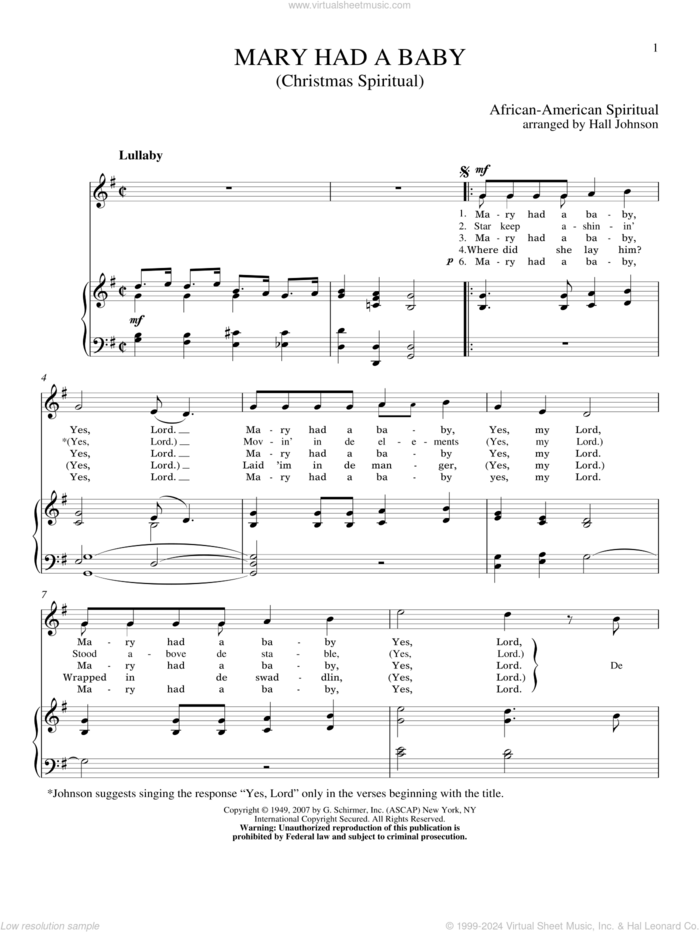 Mary Had A Baby sheet music for voice and piano (High Voice) by Hall Johnson, classical score, intermediate skill level