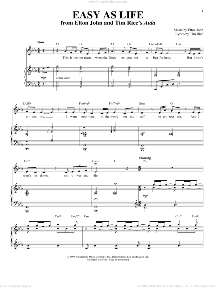 Easy As Life sheet music for voice and piano by Elton John and Tim Rice, intermediate skill level