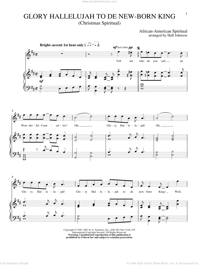 Glory Hallelujah To De New-born King sheet music for voice and piano (High Voice) by Hall Johnson, intermediate skill level