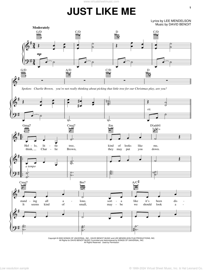 Just Like Me sheet music for voice, piano or guitar by Lee Mendelson and David Benoit, intermediate skill level