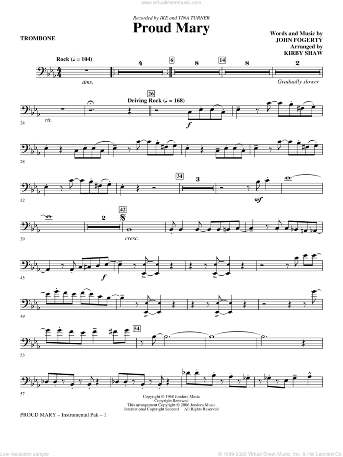 Proud Mary (arr. Kirby Shaw) sheet music for orchestra/band (trombone) by John Fogerty, Creedence Clearwater Revival, Ike & Tina Turner and Kirby Shaw, intermediate skill level