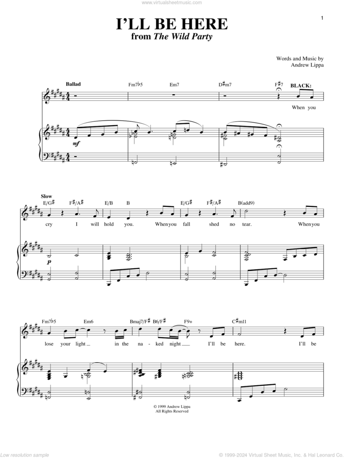 I'll Be Here sheet music for voice and piano by Andrew Lippa and Richard Walters, intermediate skill level