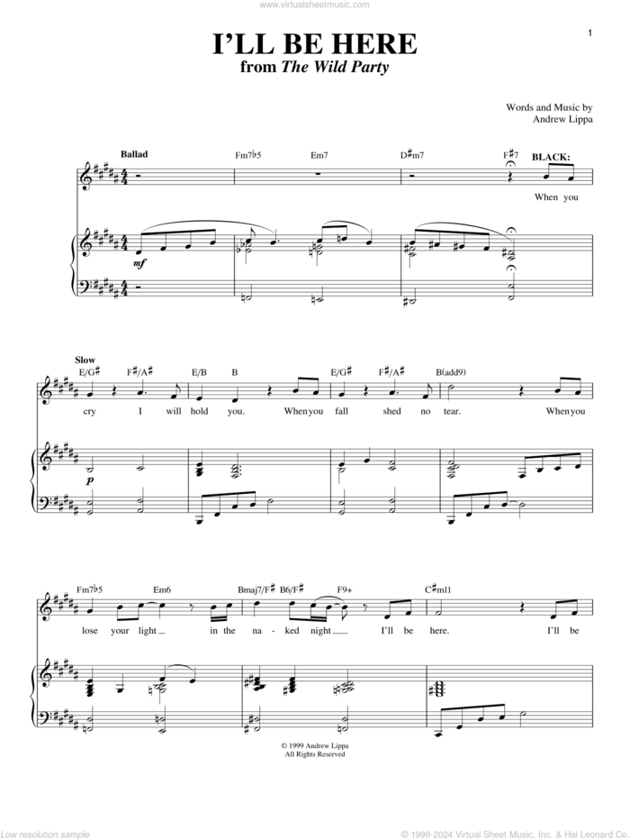 I'll Be Here sheet music for voice and piano by Andrew Lippa and Richard Walters, intermediate skill level