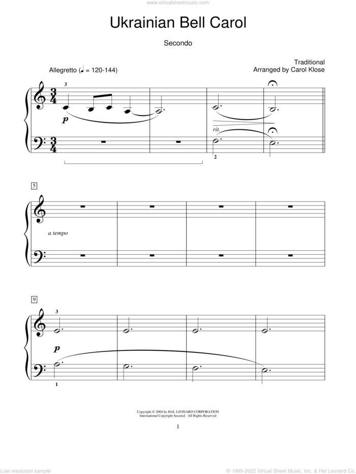 Ukrainian Bell Carol sheet music for piano four hands by Carol Klose, intermediate skill level
