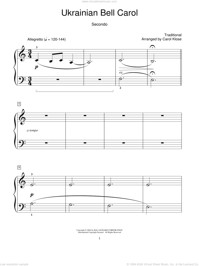 Ukrainian Bell Carol sheet music for piano four hands by Carol Klose, intermediate skill level