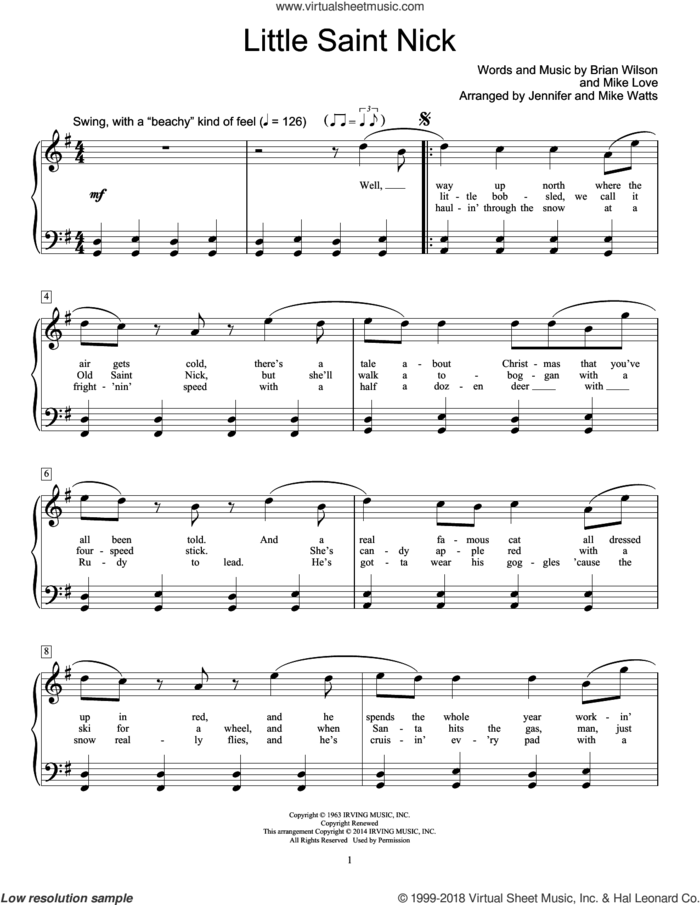 Little Saint Nick sheet music for piano solo (elementary) by Brian Wilson, Jennifer Watts, Mike Watts, The Beach Boys and Mike Love, beginner piano (elementary)
