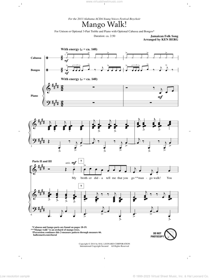 Mango Walk sheet music for choir (Unison/Optional 3-Part) by Ken Berg, intermediate skill level