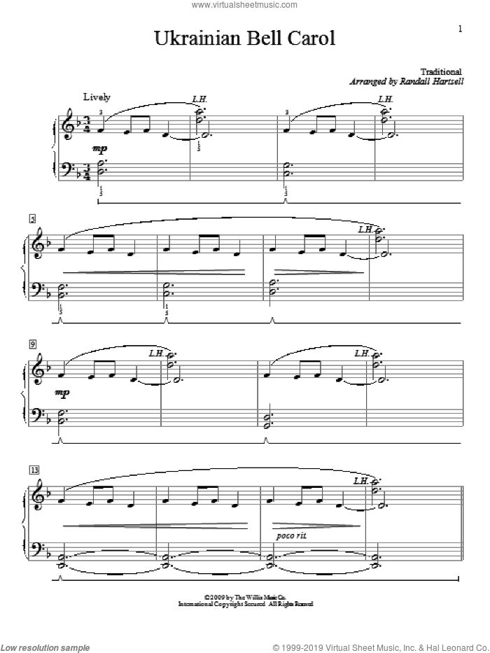 Ukrainian Bell Carol sheet music for piano solo (elementary) by Randall Hartsell, beginner piano (elementary)
