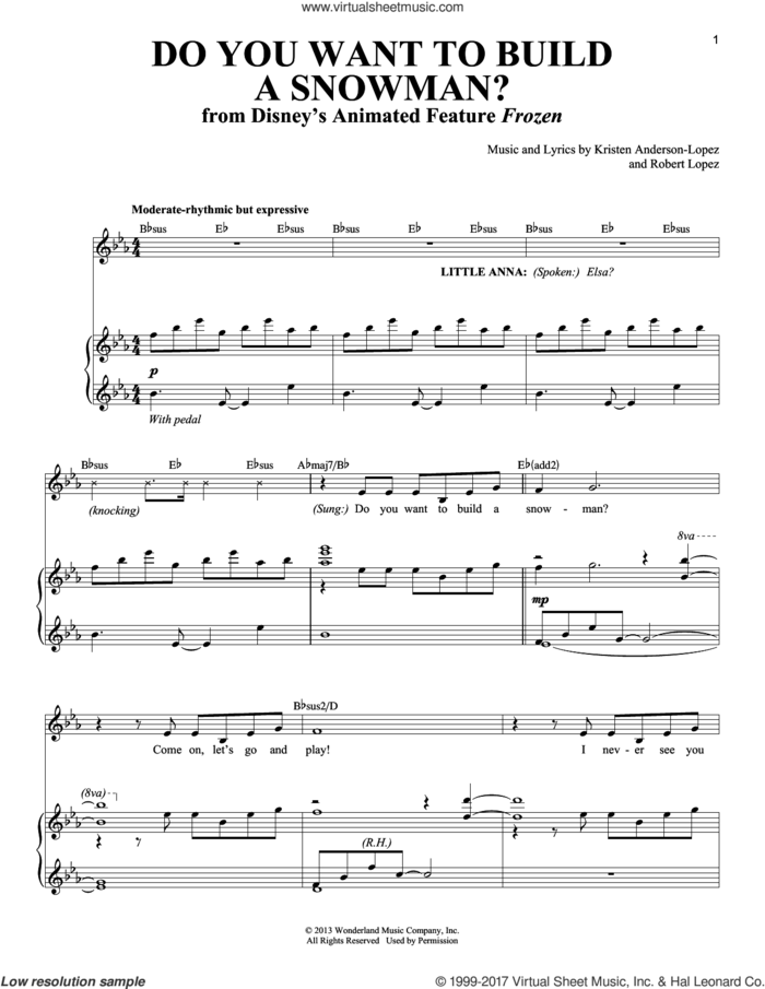 Do You Want To Build A Snowman? (from Frozen) sheet music for voice and piano by Kristen Bell, Agatha Lee Monn & Katie Lopez, Kristen Anderson-Lopez and Robert Lopez, intermediate skill level