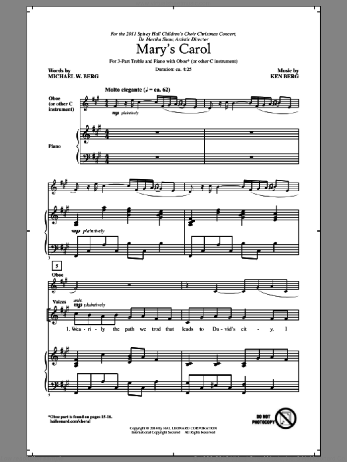 Mary's Carol sheet music for choir (3-Part Treble) by Ken Berg and Michael W. Berg, intermediate skill level