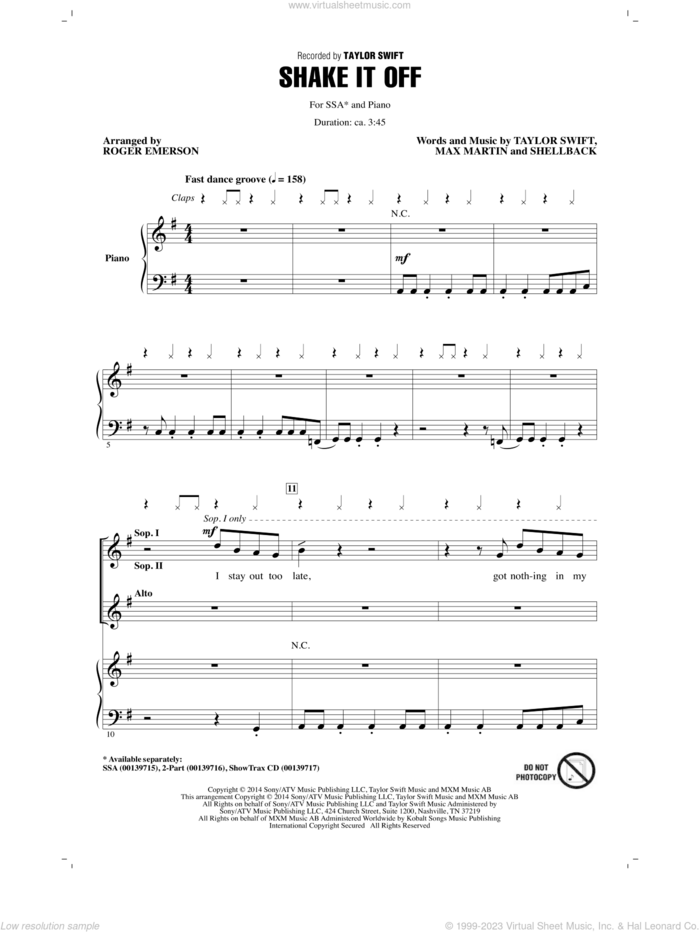 Shake It Off (arr. Roger Emerson) sheet music for choir (SSA: soprano, alto) by Taylor Swift, Roger Emerson, Johan Schuster, Max Martin and Shellback, intermediate skill level