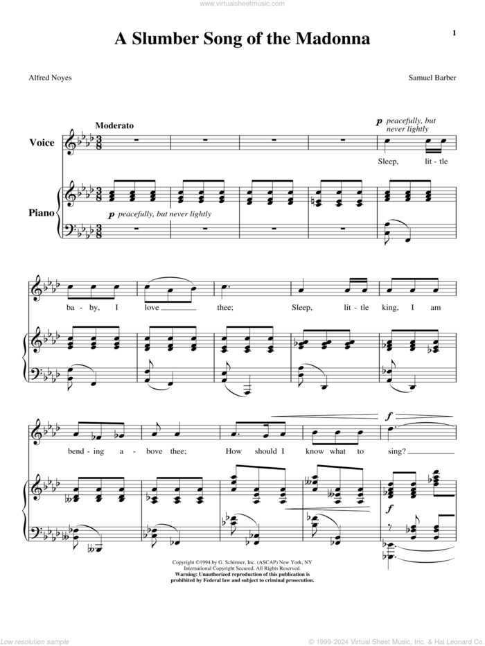 A Slumber Song Of The Madonna sheet music for voice and piano (High Voice) by Samuel Barber, classical score, intermediate skill level