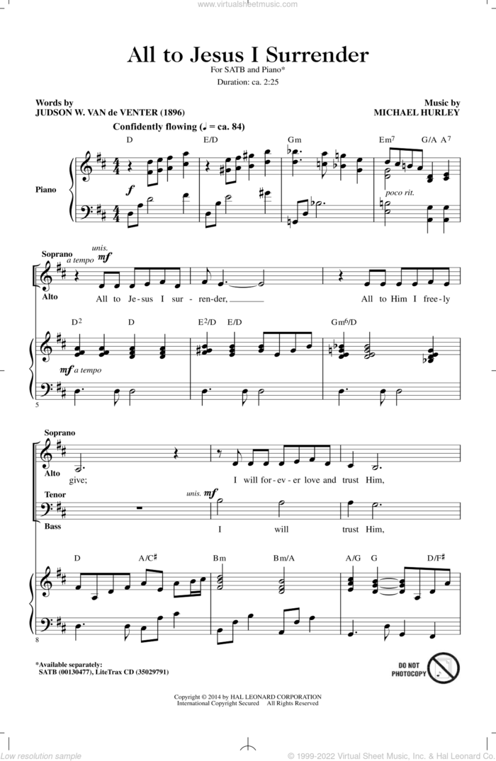 All To Jesus I Surrender sheet music for choir (SATB: soprano, alto, tenor, bass) by Michael Hurley, Judson W. Van De Venter and Judson W. VanDeventer, intermediate skill level