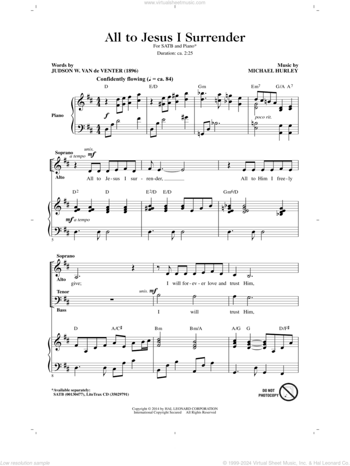 All To Jesus I Surrender sheet music for choir (SATB: soprano, alto, tenor, bass) by Michael Hurley, Judson W. Van De Venter and Judson W. VanDeventer, intermediate skill level