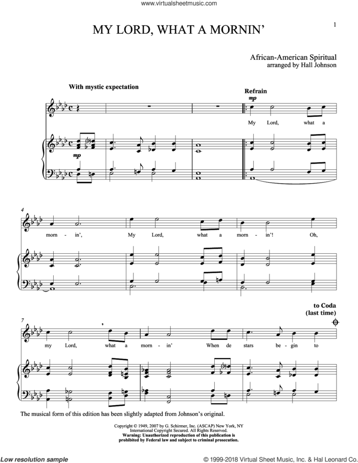 My Lord What A Mornin' sheet music for voice and piano (High Voice) by Hall Johnson, classical score, intermediate skill level