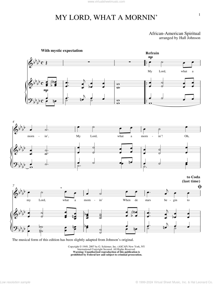 My Lord What A Mornin' sheet music for voice and piano (High Voice) by Hall Johnson, classical score, intermediate skill level