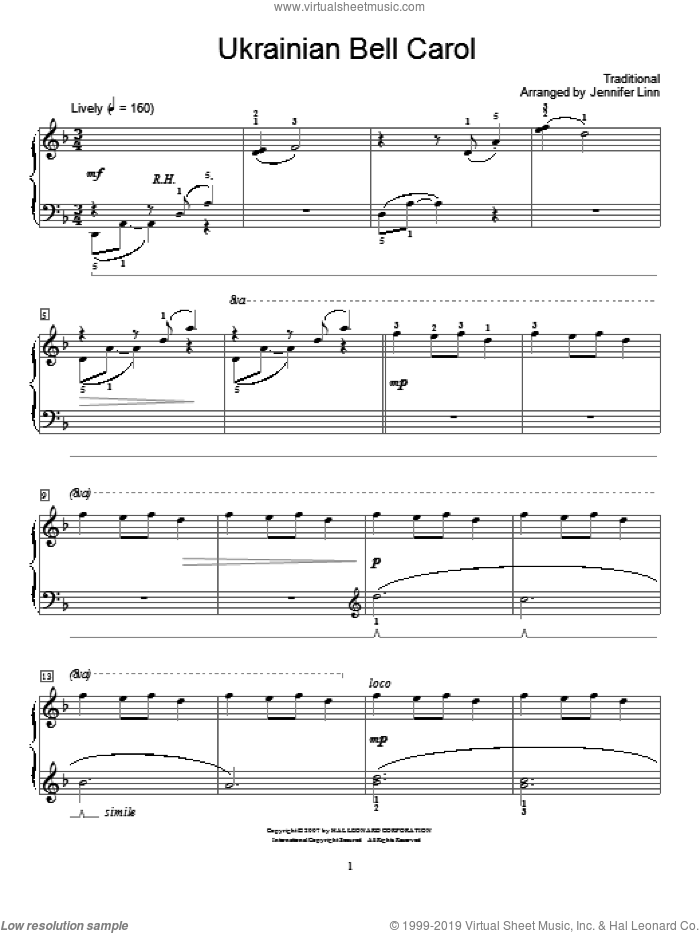 Ukrainian Bell Carol sheet music for piano solo (elementary) by Jennifer Linn, beginner piano (elementary)