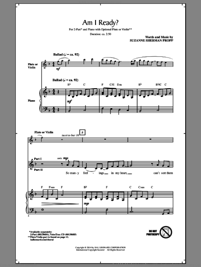 Am I Ready? sheet music for choir (2-Part) by Suzanne Sherman Propp, intermediate duet