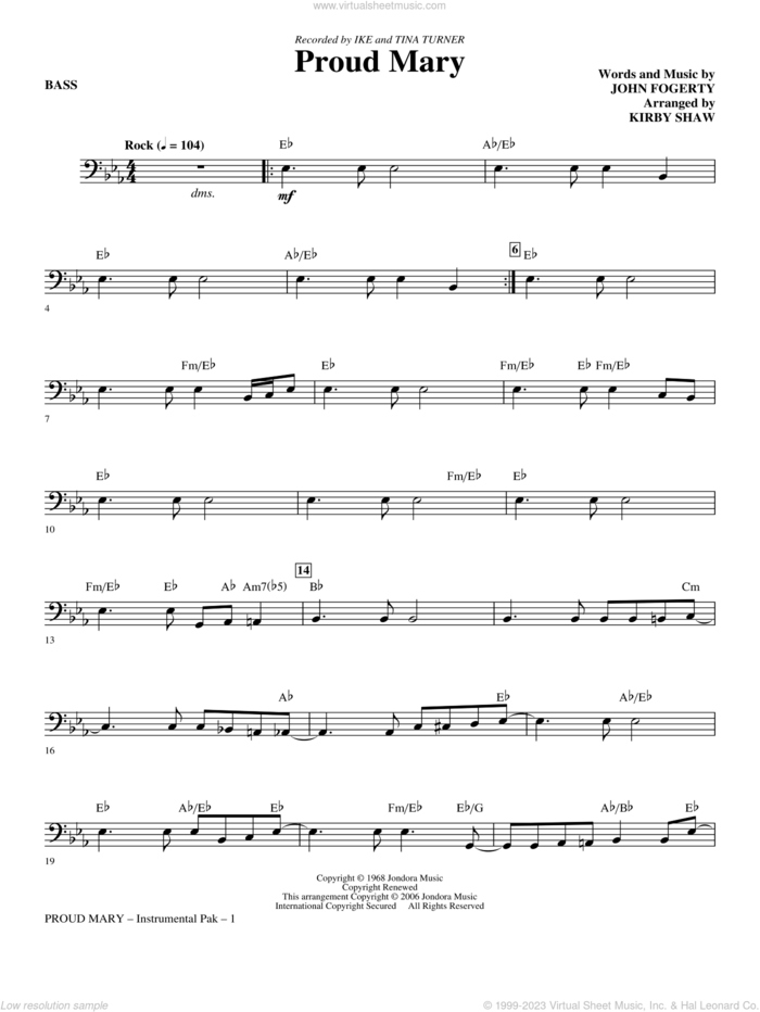 Proud Mary (arr. Kirby Shaw) sheet music for orchestra/band (bass) by John Fogerty, Creedence Clearwater Revival, Ike & Tina Turner and Kirby Shaw, intermediate skill level