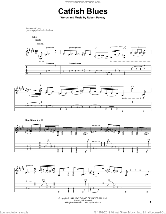 Catfish Blues sheet music for guitar (tablature, play-along) by Jimi Hendrix and Robert Petway, intermediate skill level