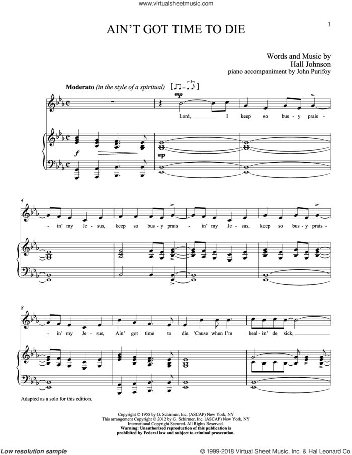 Ain't Got Time to Die sheet music for voice and piano (High Voice) by Hall Johnson, classical score, intermediate skill level