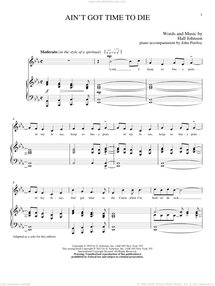 Ain't Got Time to Die sheet music for voice and piano (High Voice) by Hall Johnson, classical score, intermediate skill level