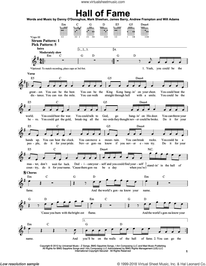 Hall Of Fame sheet music for guitar solo (chords) by The Script feat. Will.I.Am, Andrew Frampton, James Barry, Mark Sheehan and Will Adams, easy guitar (chords)