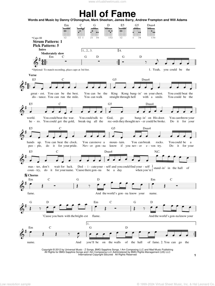 Hall Of Fame sheet music for guitar solo (chords) by The Script feat. Will.I.Am, Andrew Frampton, James Barry, Mark Sheehan and Will Adams, easy guitar (chords)