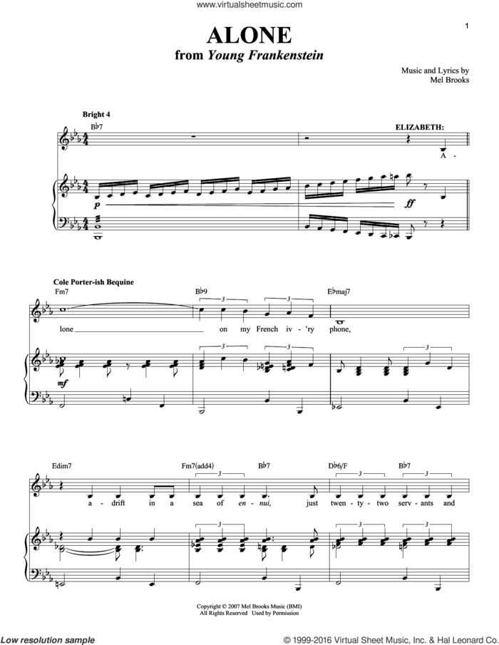 Alone sheet music for voice and piano by Mel Brooks, intermediate skill level