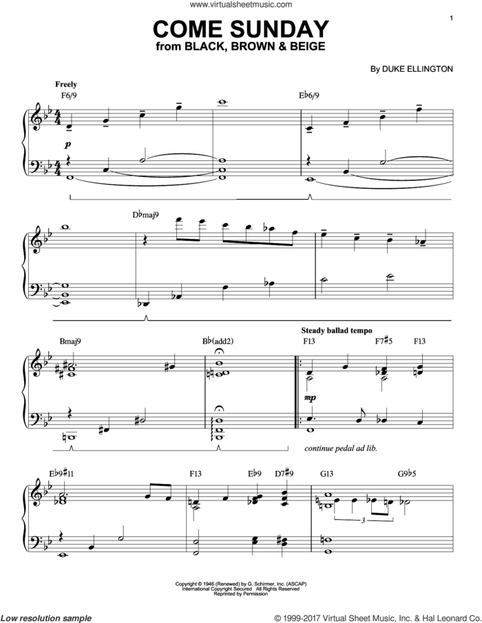 Come Sunday [Jazz version] (arr. Brent Edstrom) sheet music for piano solo by Duke Ellington and Brent Edstrom, intermediate skill level