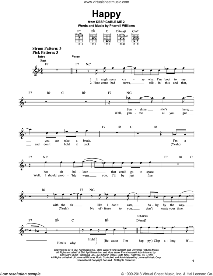 Happy sheet music for guitar solo (chords) by Pharrell and Pharrell Williams, easy guitar (chords)