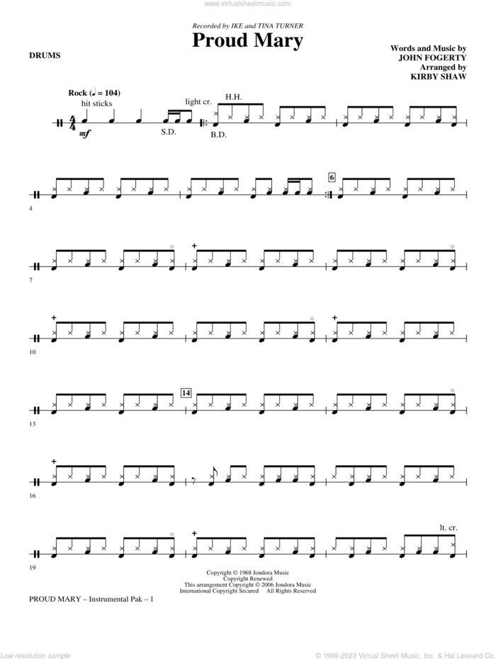 Proud Mary (arr. Kirby Shaw) sheet music for orchestra/band (drums) by John Fogerty, Creedence Clearwater Revival, Ike & Tina Turner and Kirby Shaw, intermediate skill level