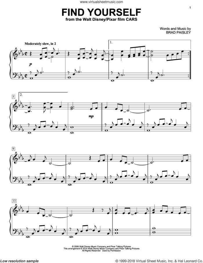 Find Yourself (from Cars) sheet music for piano solo by Brad Paisley, intermediate skill level