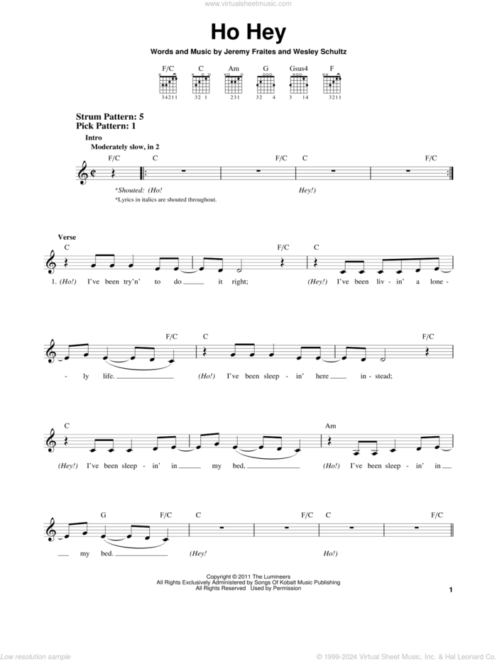 Ho Hey sheet music for guitar solo (chords) by The Lumineers, Lennon & Maisy, Jeremy Fraites and Wesley Schultz, easy guitar (chords)