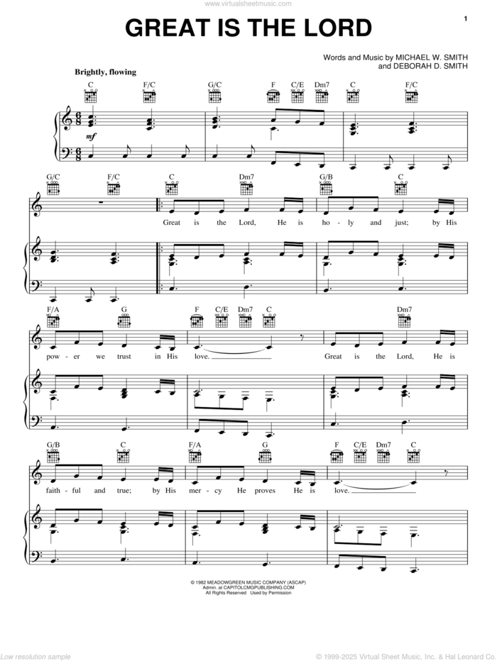 Great Is The Lord sheet music for voice, piano or guitar by Michael W. Smith and Deborah D. Smith, intermediate skill level