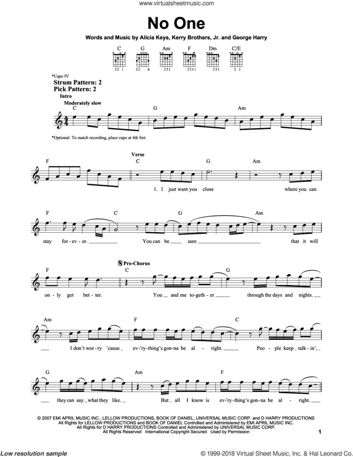 No One sheet music for guitar solo (chords) by Alicia Keys, George Harry and Kerry Brothers, easy guitar (chords)