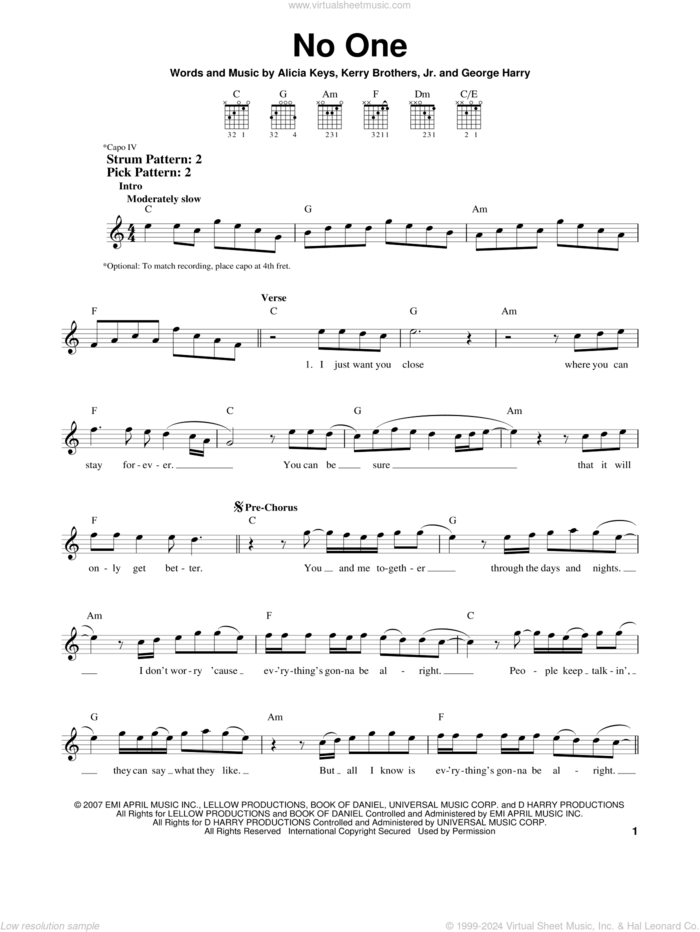 No One sheet music for guitar solo (chords) by Alicia Keys, George Harry and Kerry Brothers, easy guitar (chords)