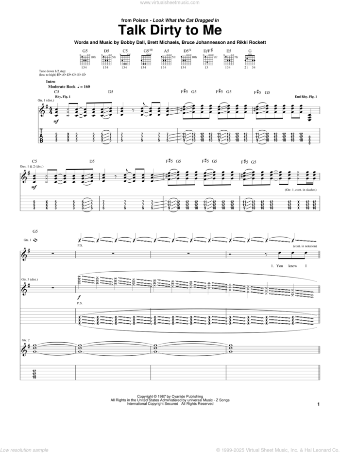 Talk Dirty To Me sheet music for guitar (tablature) by Poison, Bobby Dall, Brett Michaels, Bruce Anthony Johannesson and Rikki Rockett, intermediate skill level