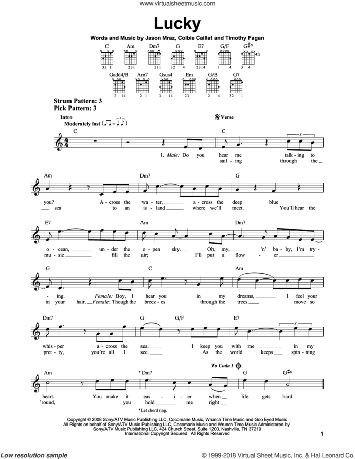 Lucky sheet music for guitar solo (chords) by Jason Mraz & Colbie Caillat, Glee Cast, Colbie Caillat, Jason Mraz and Timothy Fagan, easy guitar (chords)