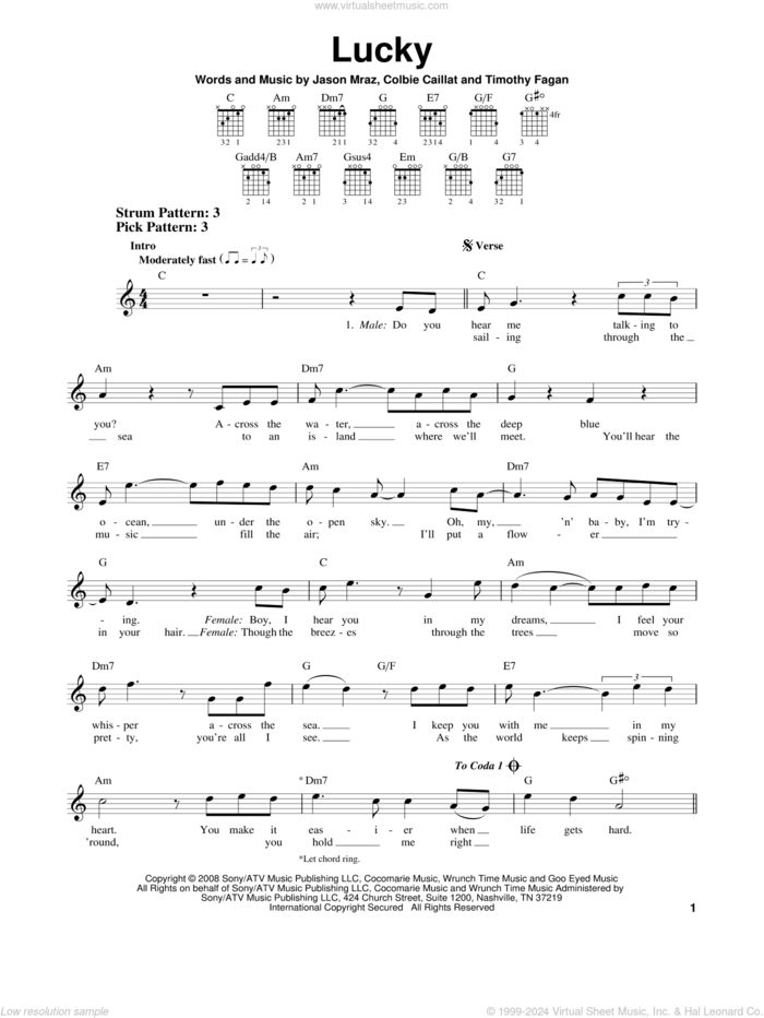 Lucky sheet music for guitar solo (chords) by Jason Mraz & Colbie Caillat, Glee Cast, Colbie Caillat, Jason Mraz and Timothy Fagan, easy guitar (chords)