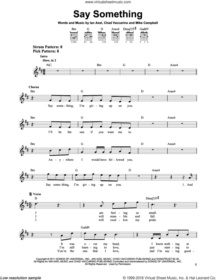 Say Something sheet music for guitar solo (chords) by A Great Big World, Chad Vaccarino, Ian Axel and Mike Campbell, easy guitar (chords)