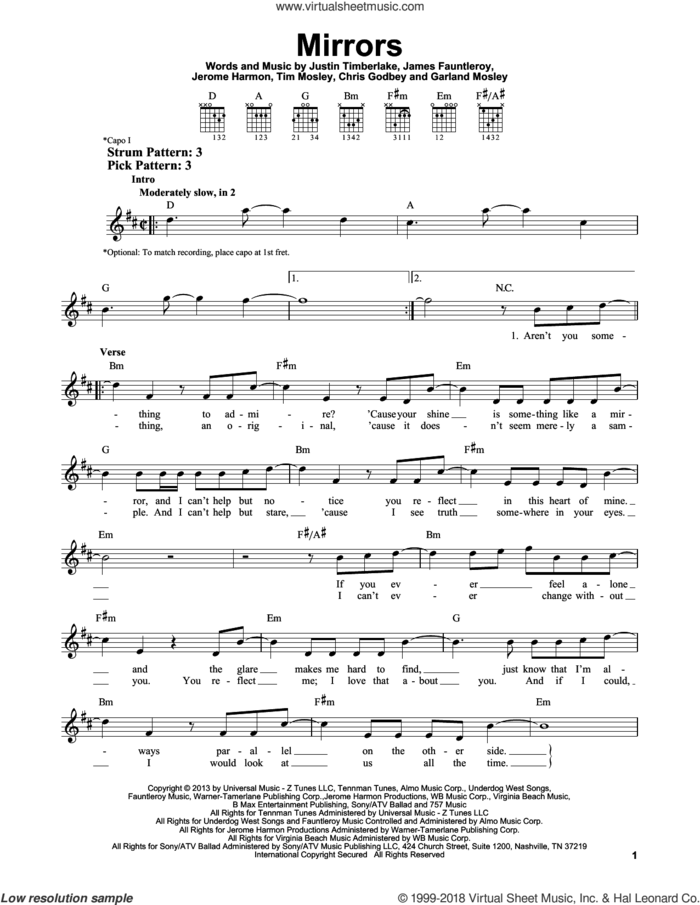 Mirrors sheet music for guitar solo (chords) by Justin Timberlake, Chris Godbey, Garland Mosley, James Fauntleroy, Jerome Harmon and Tim Mosley, easy guitar (chords)