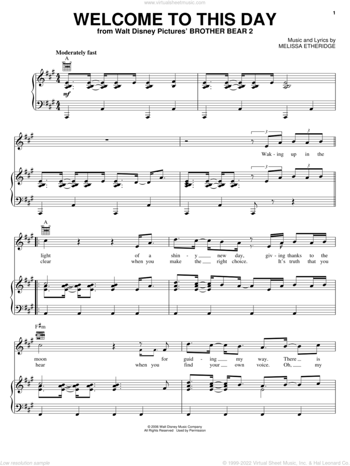 Welcome To This Day sheet music for voice, piano or guitar by Melissa Etheridge and Brother Bear 2 (Movie), intermediate skill level