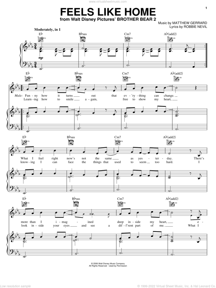 Feels Like Home sheet music for voice, piano or guitar by Melissa Etheridge, Brother Bear 2 (Movie), Matthew Gerrard and Robbie Nevil, intermediate skill level